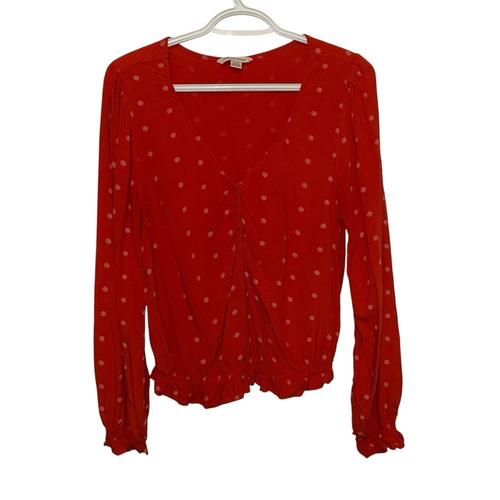 EUC American Eagle Outfitters Red Ruched Long Sleeve Blouse